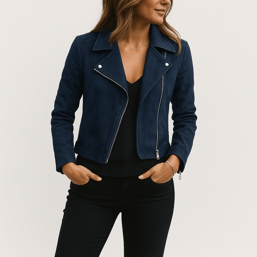 Faux suede zip-up biker jacket in Navy, front view