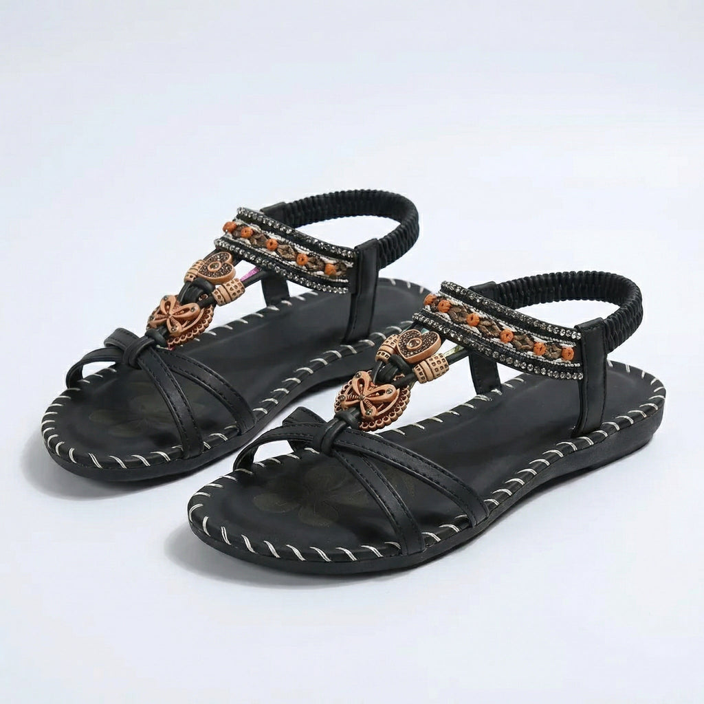 Pearl detail elastic strap sandals styled with maxi dress
