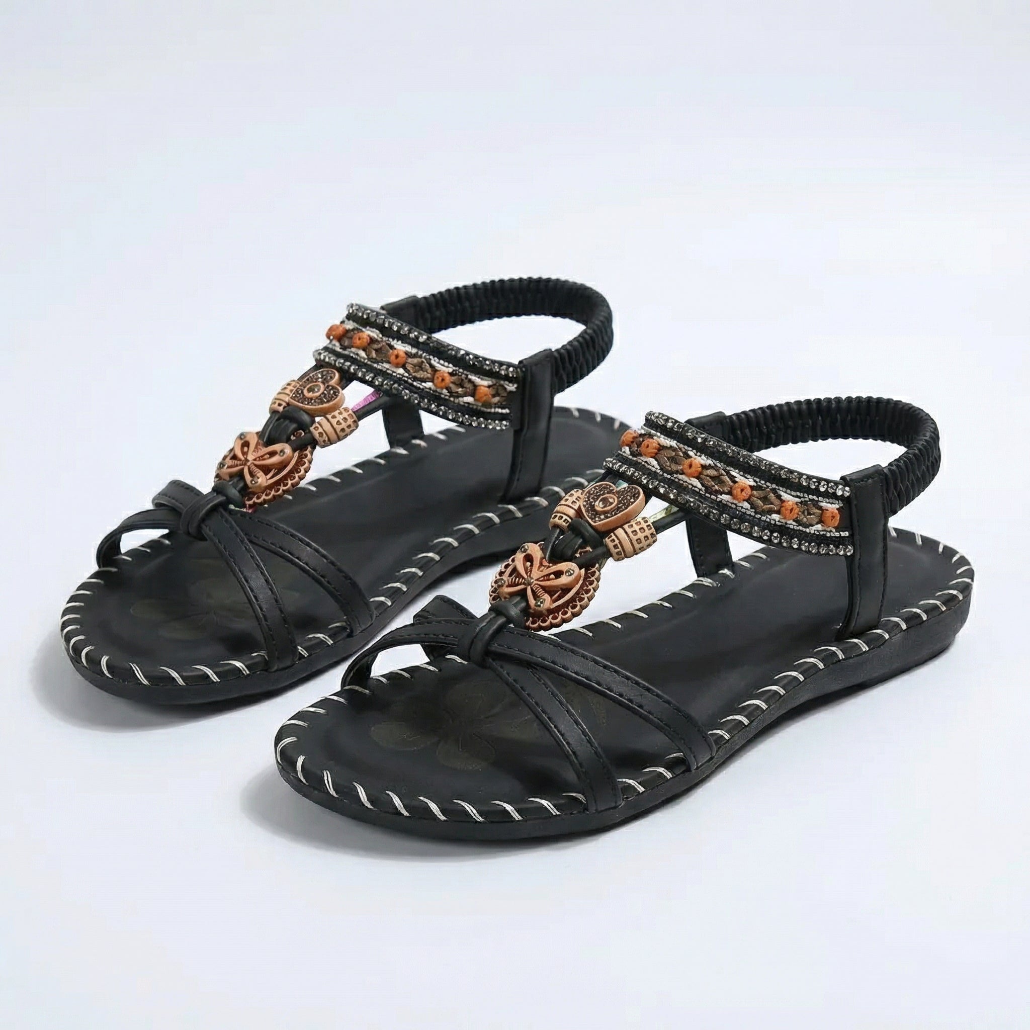 Pearl detail elastic strap sandals styled with maxi dress