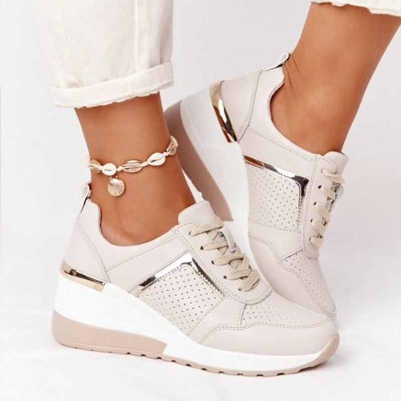 Beige orthopaedic comfort trainers, front view
