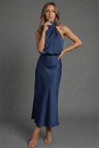 Satin halterneck occasion midi dress for women – back view