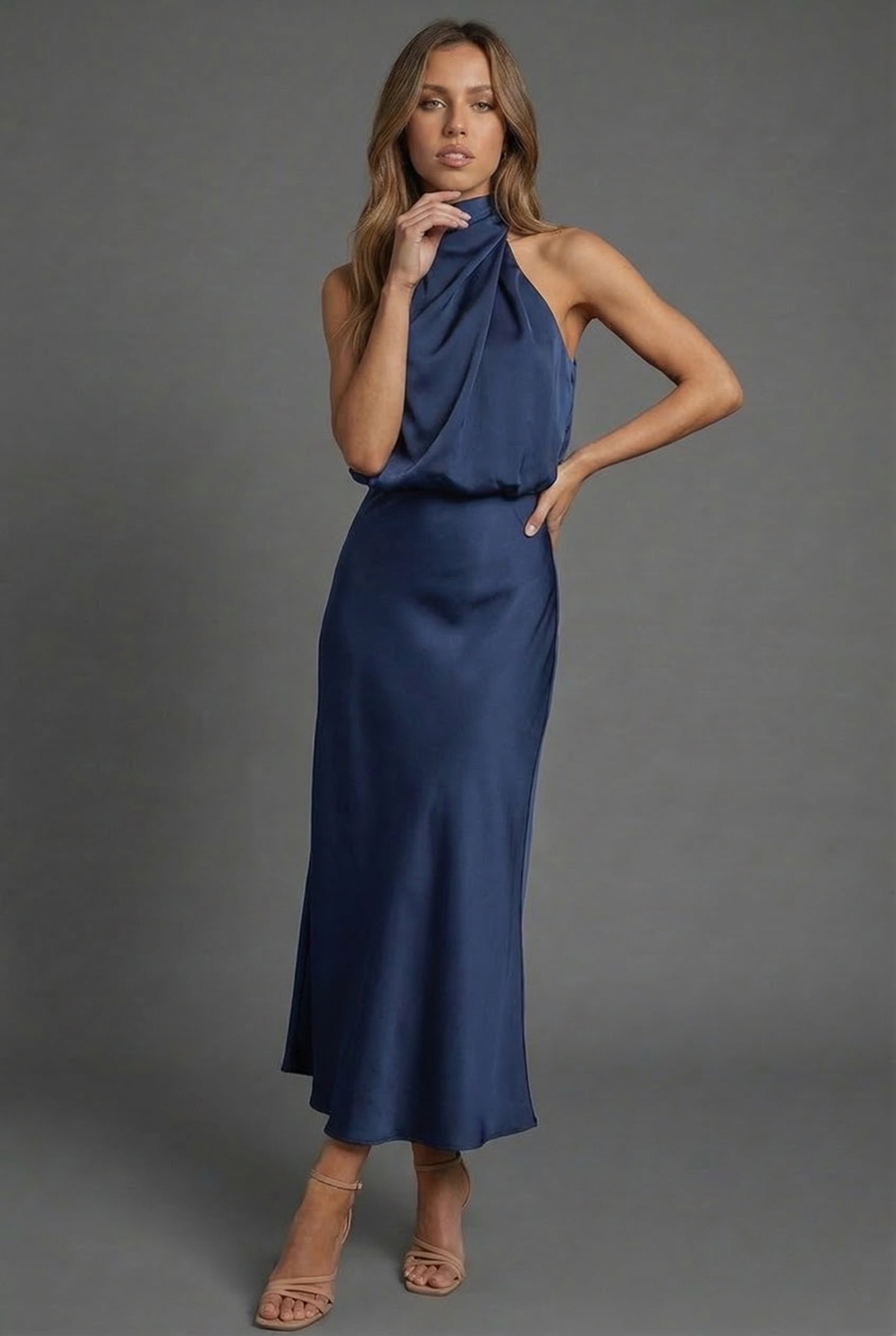 Satin halterneck occasion midi dress for women – back view