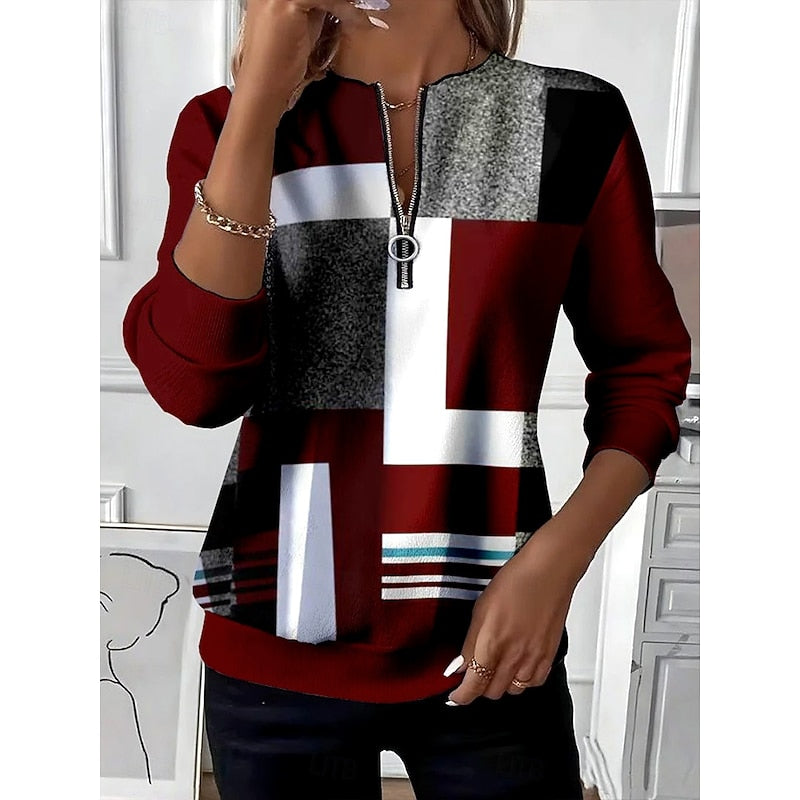 Wine colour block zip-neck sweatshirt, front view