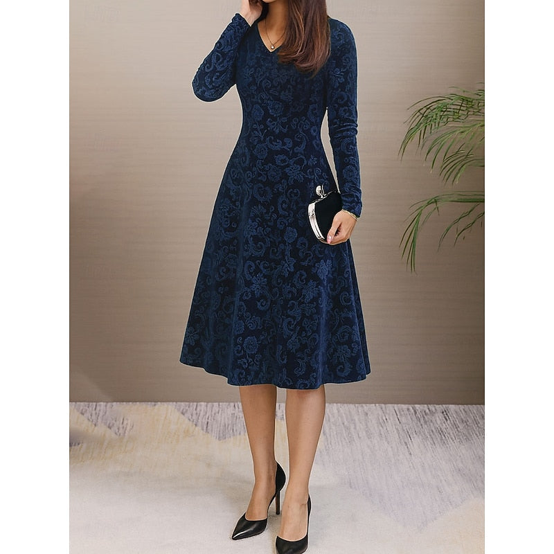 Blue Floral A-Line Midi Dress, front view