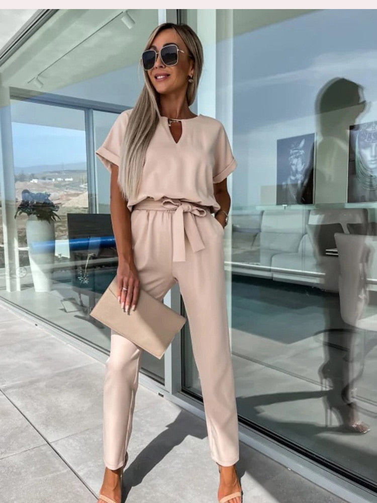 Women's jumpsuit with waist tie belt and wide leg silhouette | Alba Muse