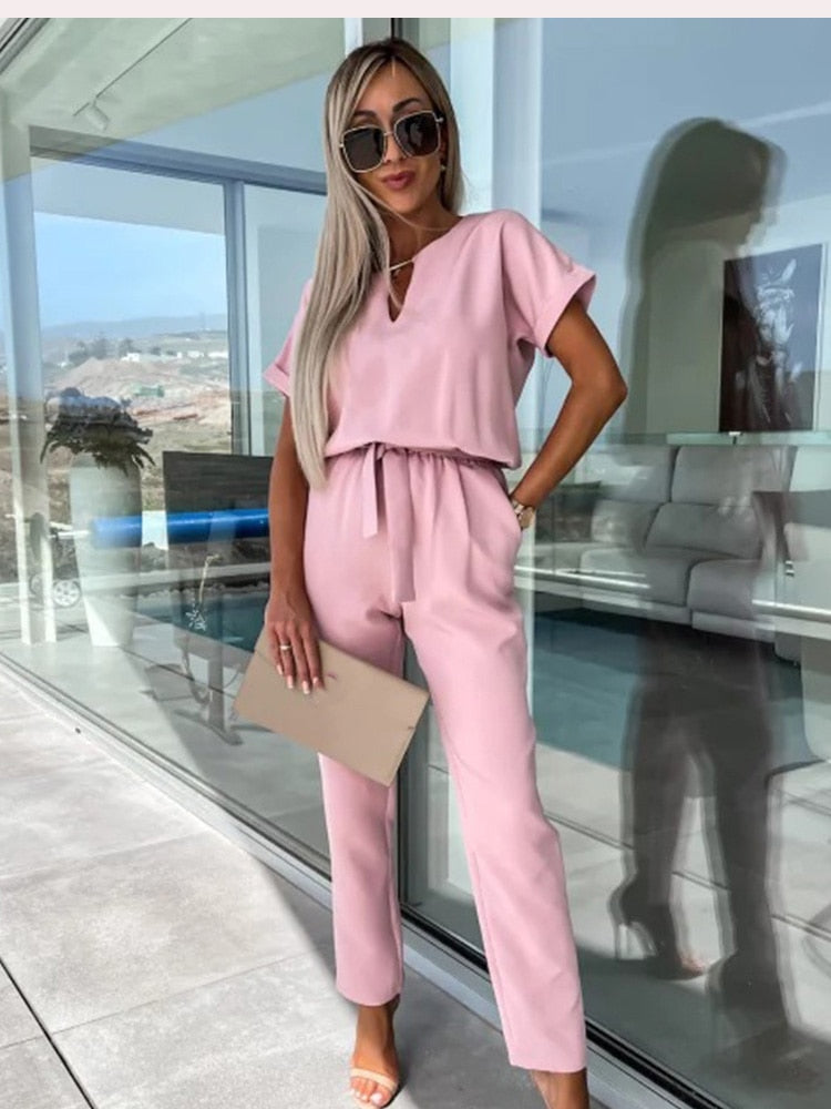 Belted short-sleeve wide-leg jumpsuit women's chic style | Alba Muse
