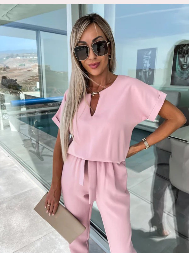 Women's casual jumpsuit wide leg belt back view | Alba Muse