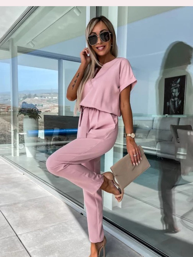 Short-sleeve women's wide-leg jumpsuit belted fashion | Alba Muse