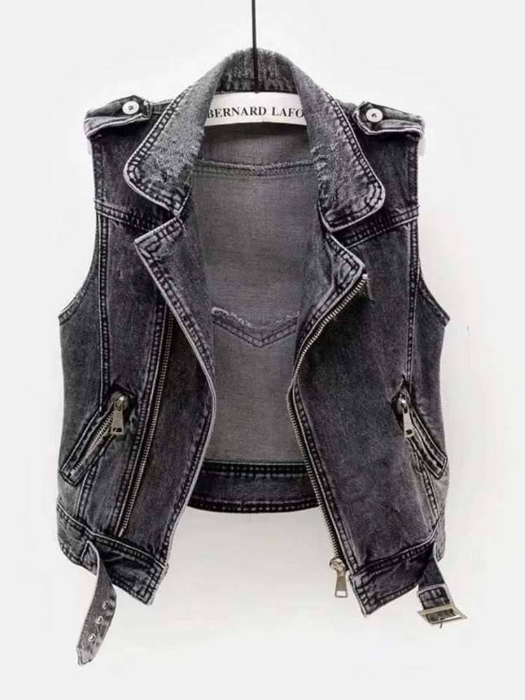 Women's Edgy Denim Biker Vest
