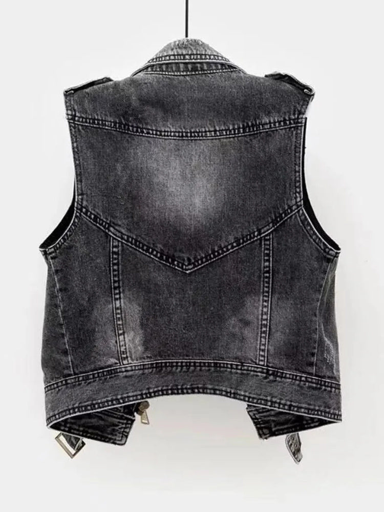 Women's Edgy Denim Biker Vest