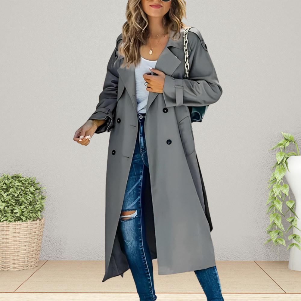 Women's double-breasted coat notch lapel front view | Alba Muse