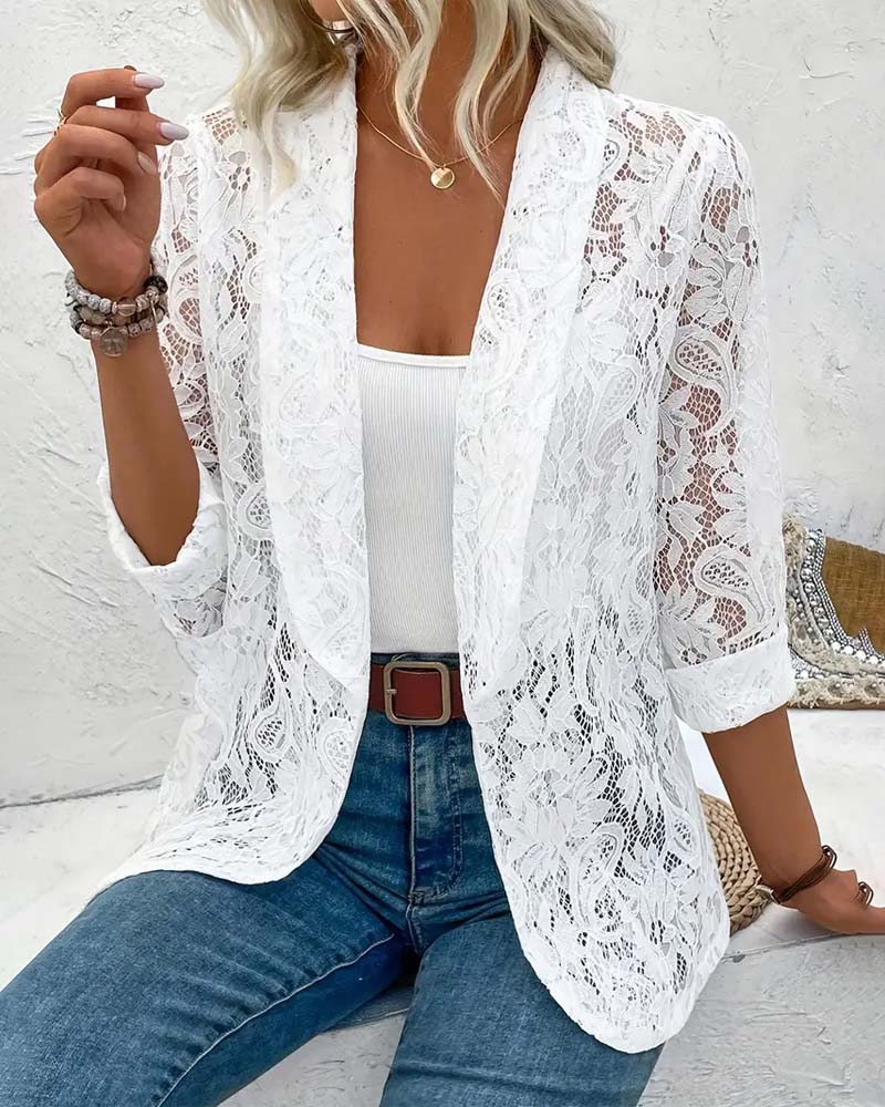 Women's elegant open-front lace blazer | Alba Muse