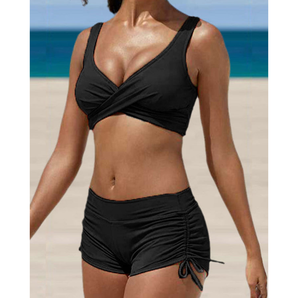 Ruched bikini top and board shorts swimwear set for women | Alba Muse