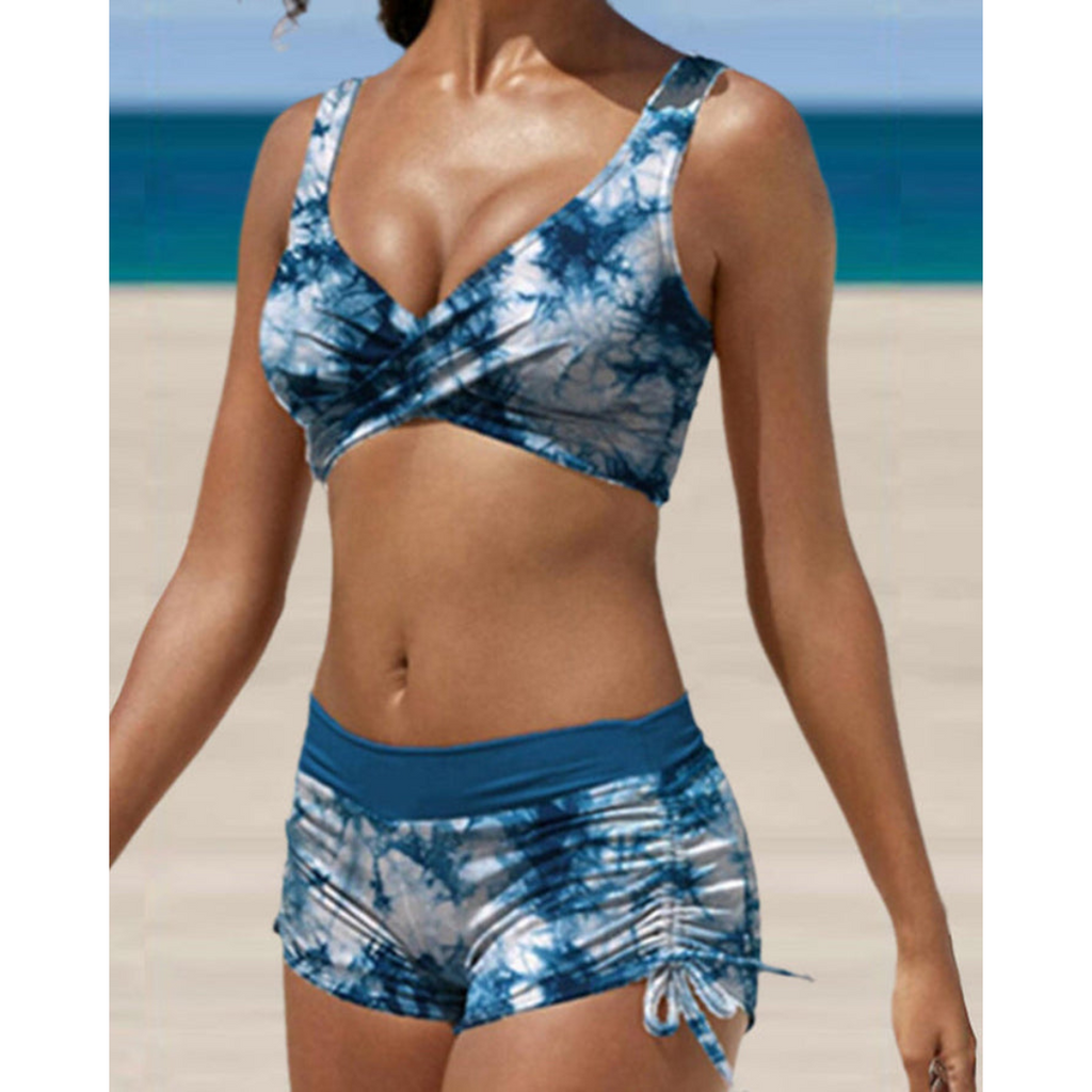Ruched swimwear set women's bikini shorts poolside fashion | Alba Muse
