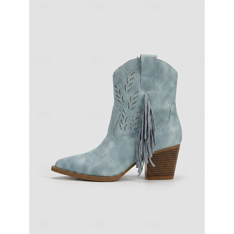Blue Western Ankle Boots, side profile view showing block heel and pointed toe