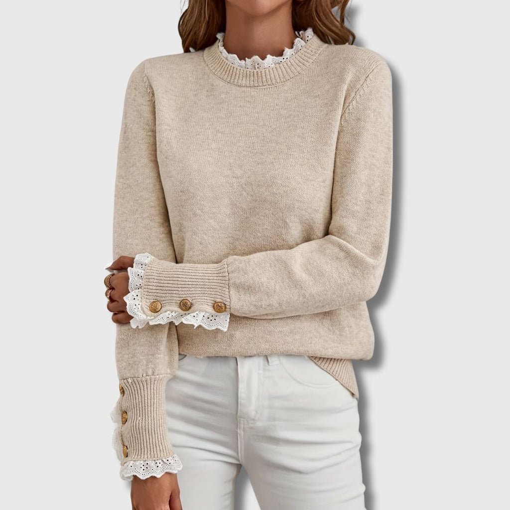 Apricot Lace Trim Round Neck Jumper, front view