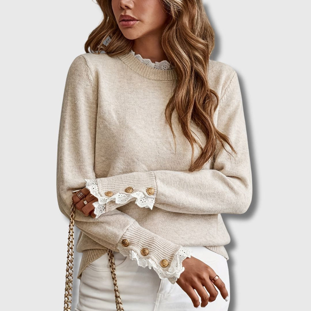 Apricot Lace Trim Round Neck Jumper