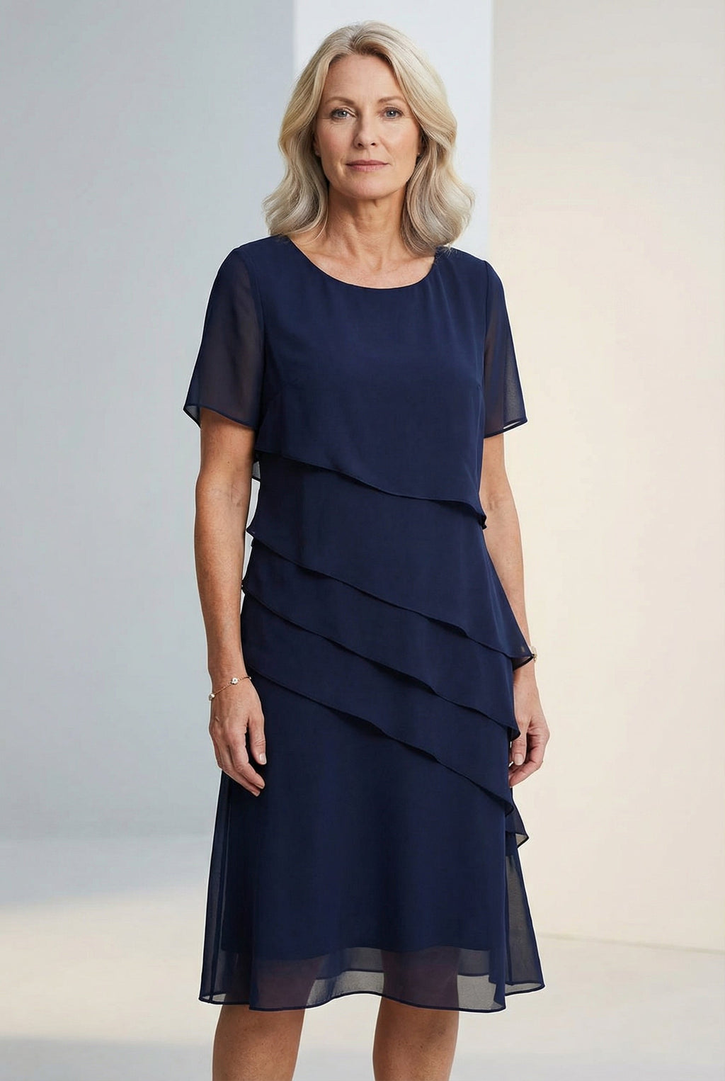 Women's ruffle midi dress with round neckline and sheer sleeves, front view