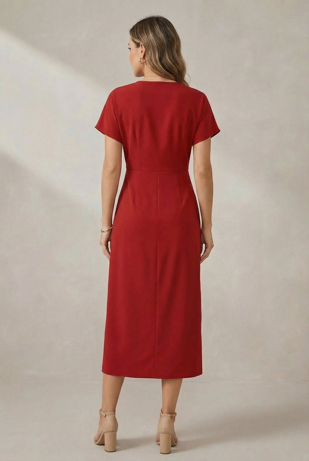Casual V-neck midi dress, side view