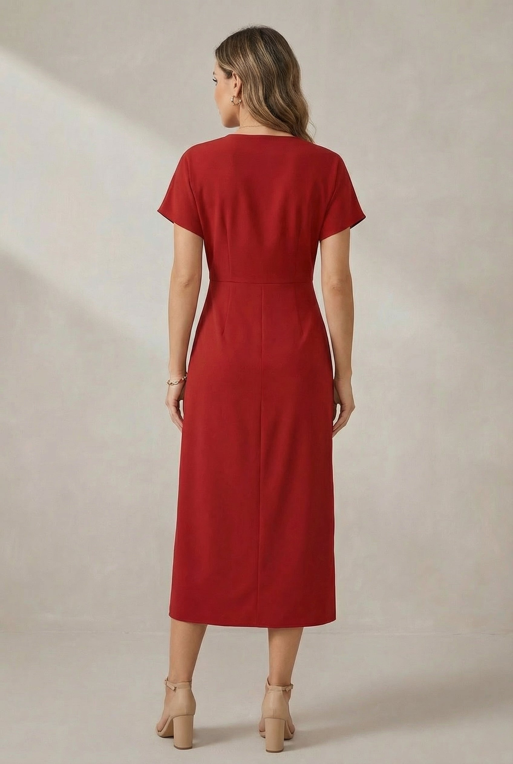 Casual V-neck midi dress, side view