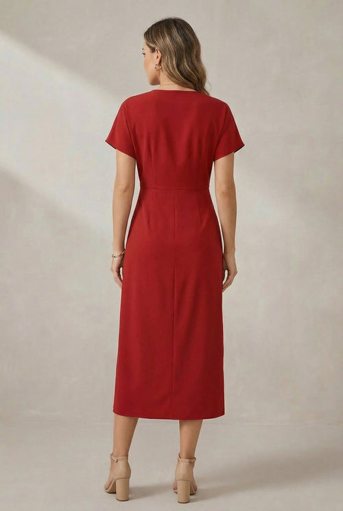 Casual V-neck midi dress, side view