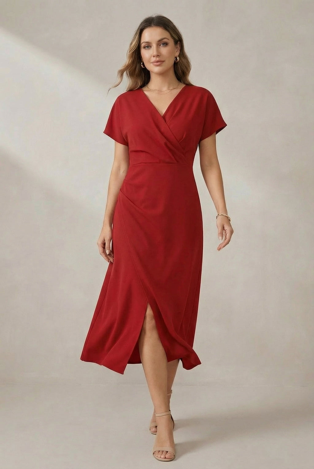 Close-up of V-neckline on casual midi dress