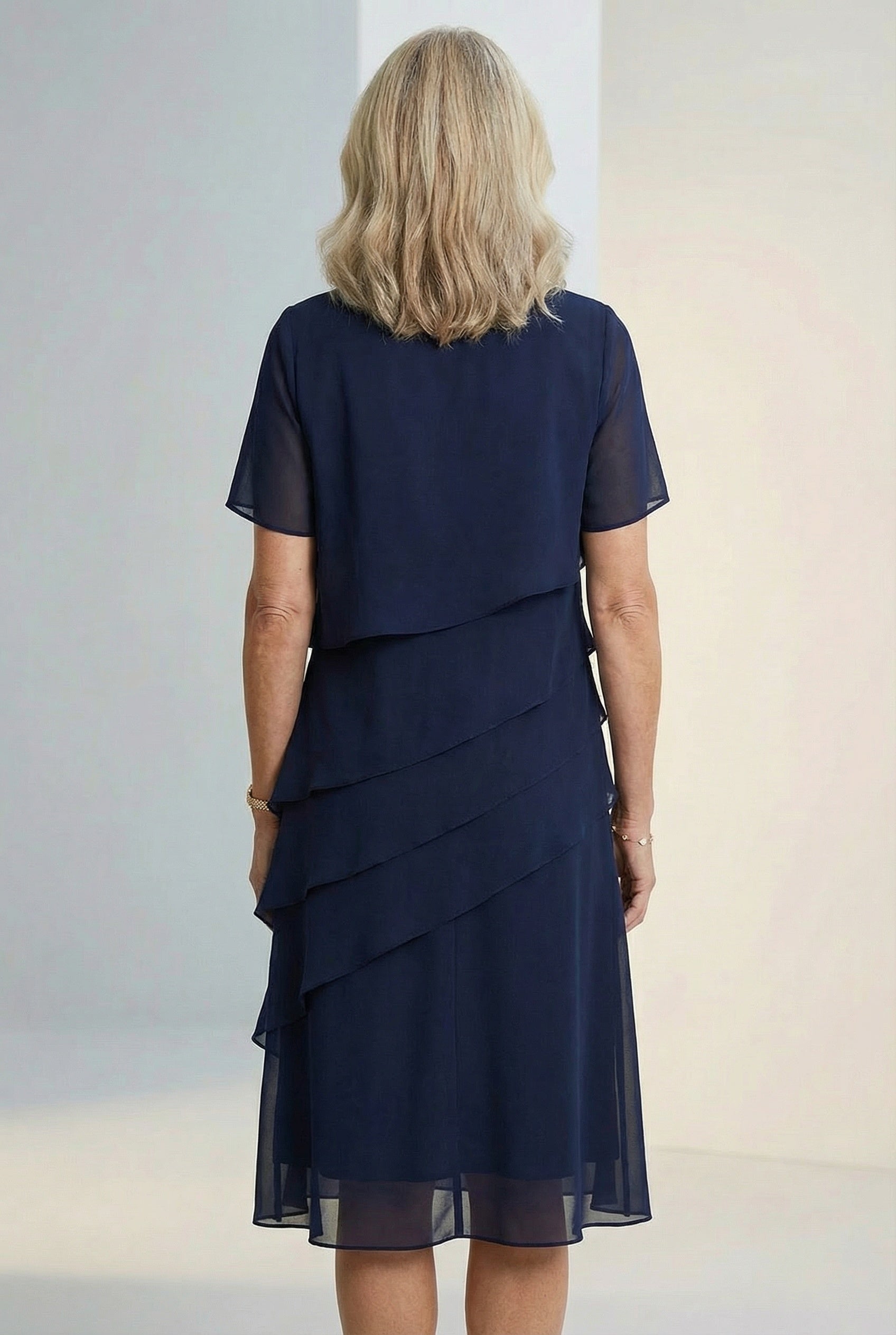 Women's ruffle midi dress with sheer sleeves, side view