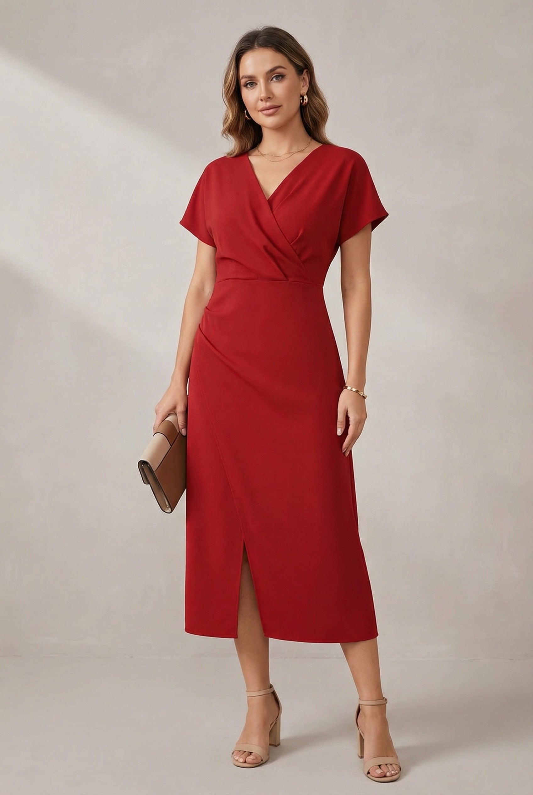 Casual V-neck midi dress in red, front view