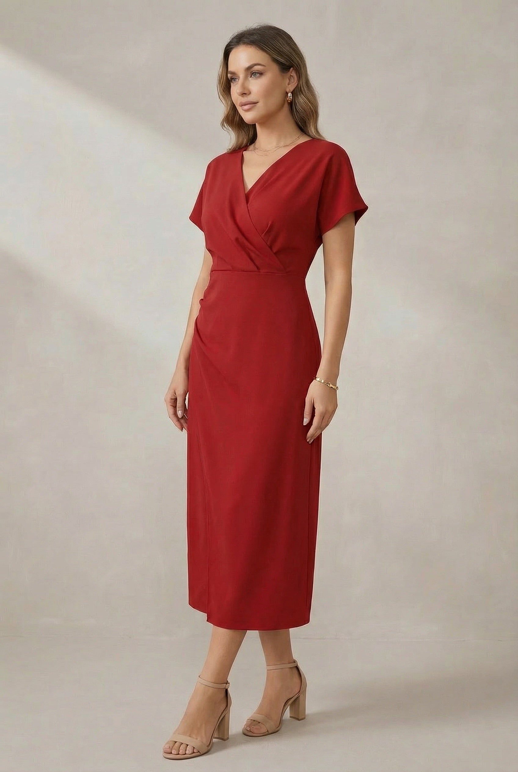 Casual V-neck midi dress, full length view