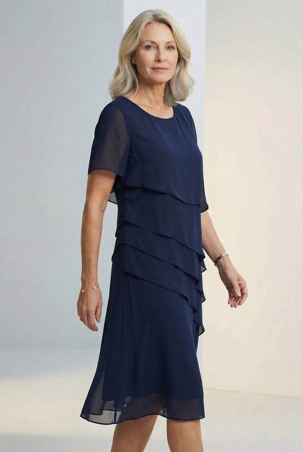 Women's ruffle midi dress with round neckline, back view