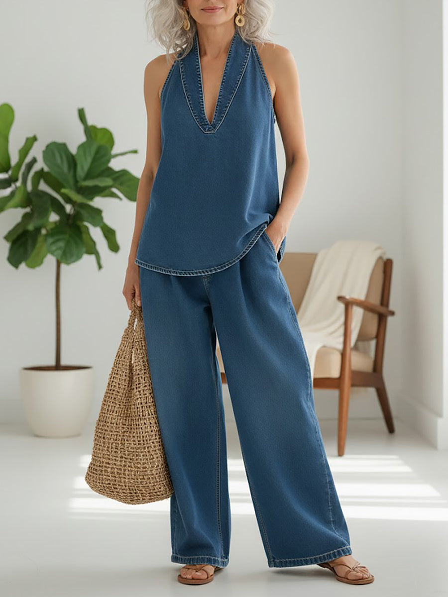 Vintage Washed Denim-Look Co-ord Set — worn on model