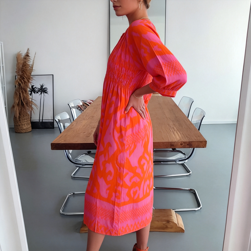 Hot pink print A-line midi dress with three-quarter sleeves, full length view