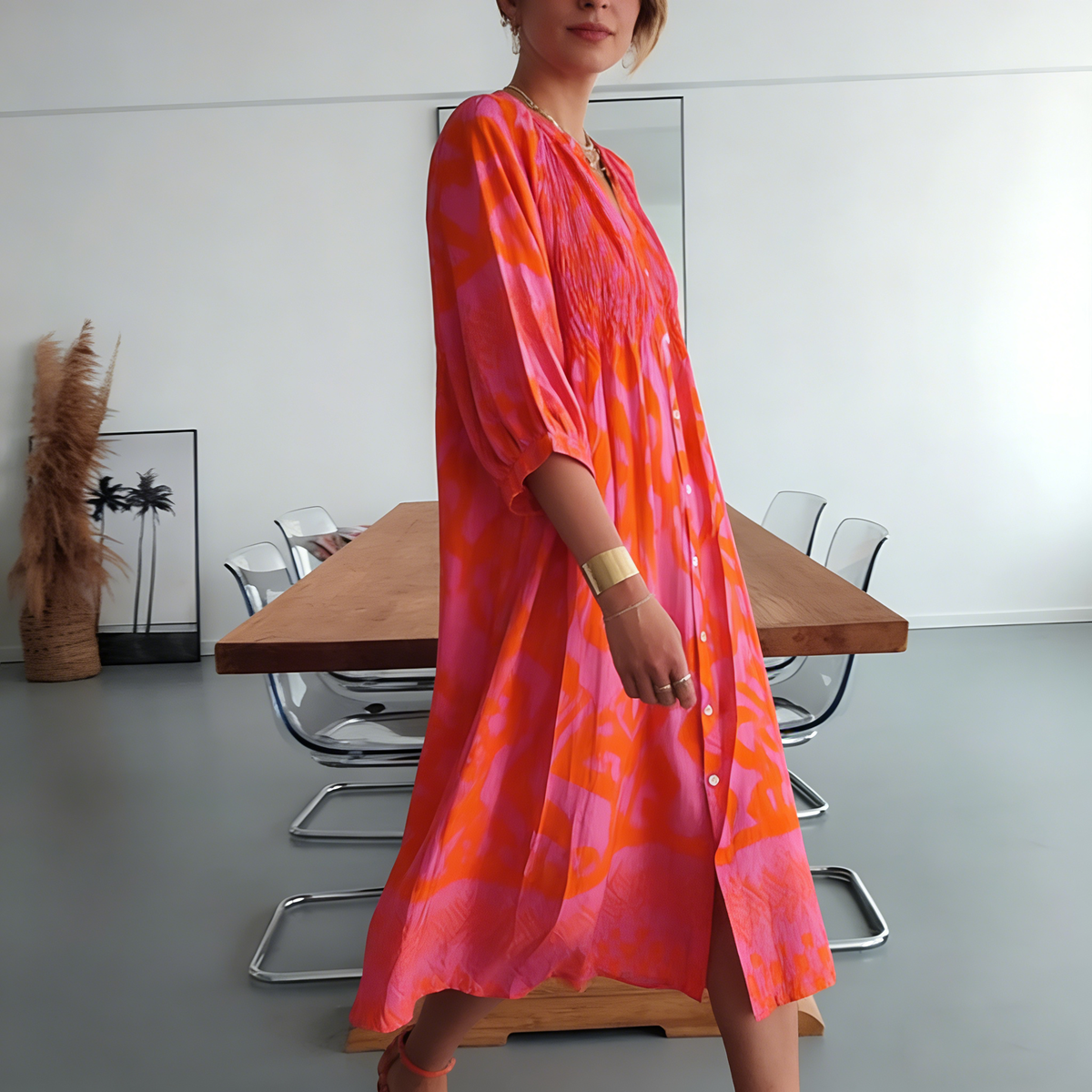 Shirred button front midi dress in hot pink print, three-quarter view