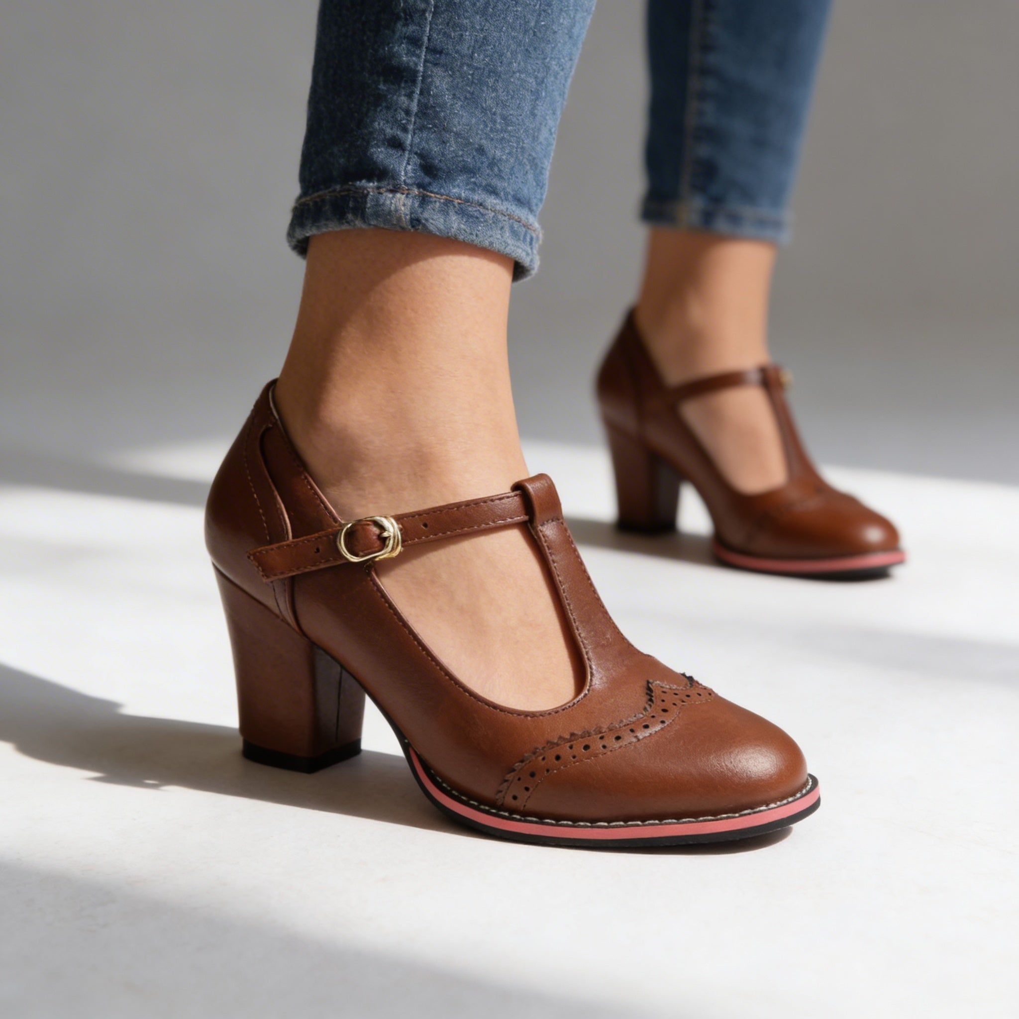 Brown T-strap brogue Mary Jane block heels on model, side view studio shot