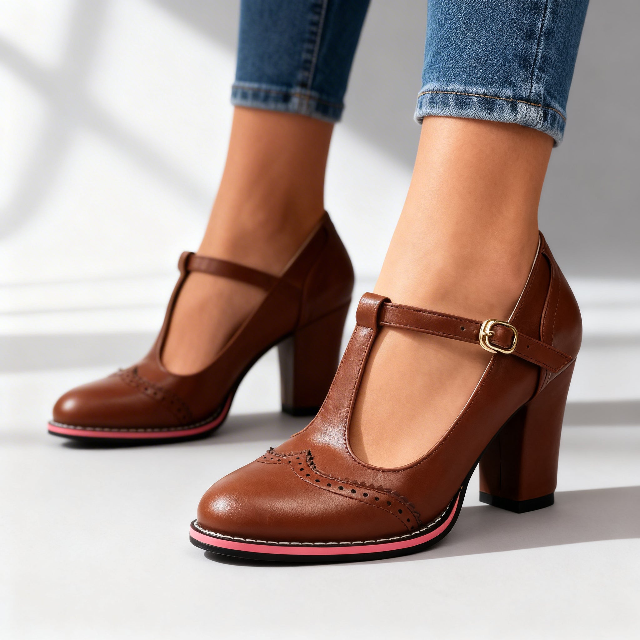 Brown T-strap Mary Jane block heels close-up on model's feet, studio shot