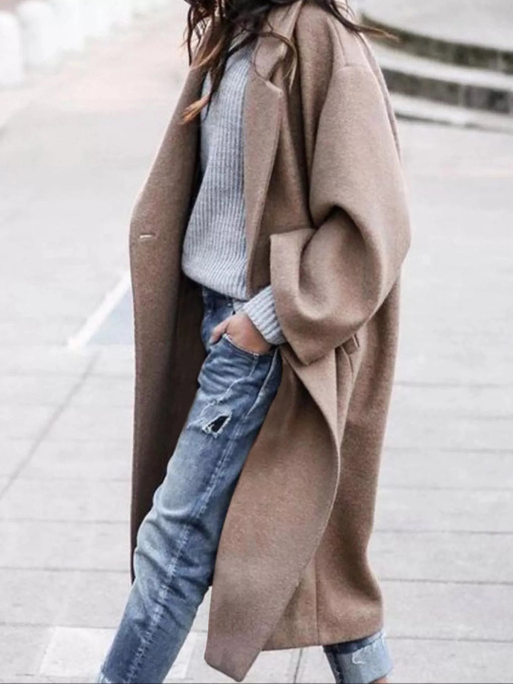 Khaki oversized wide sleeve single breasted long coat, front view