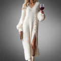 White oversized deep V neck maxi jumper dress, front view