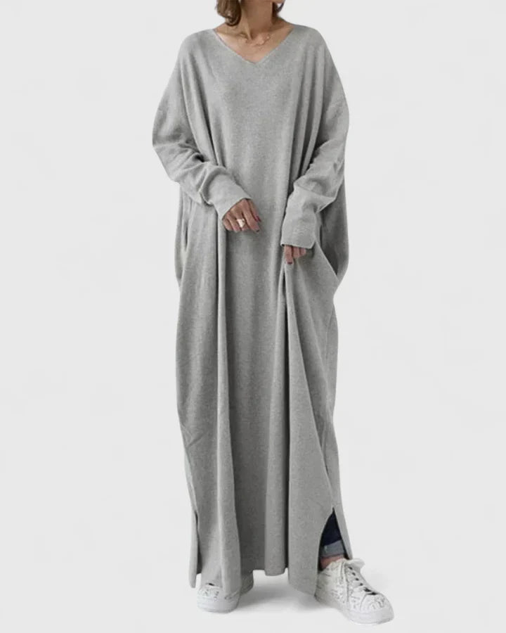 Grey oversized V neck maxi jumper dress, front view