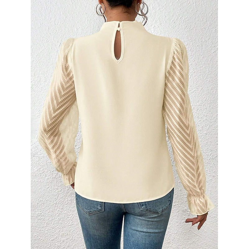 High-Neck Long Sleeve Blouse with Pleated Detail