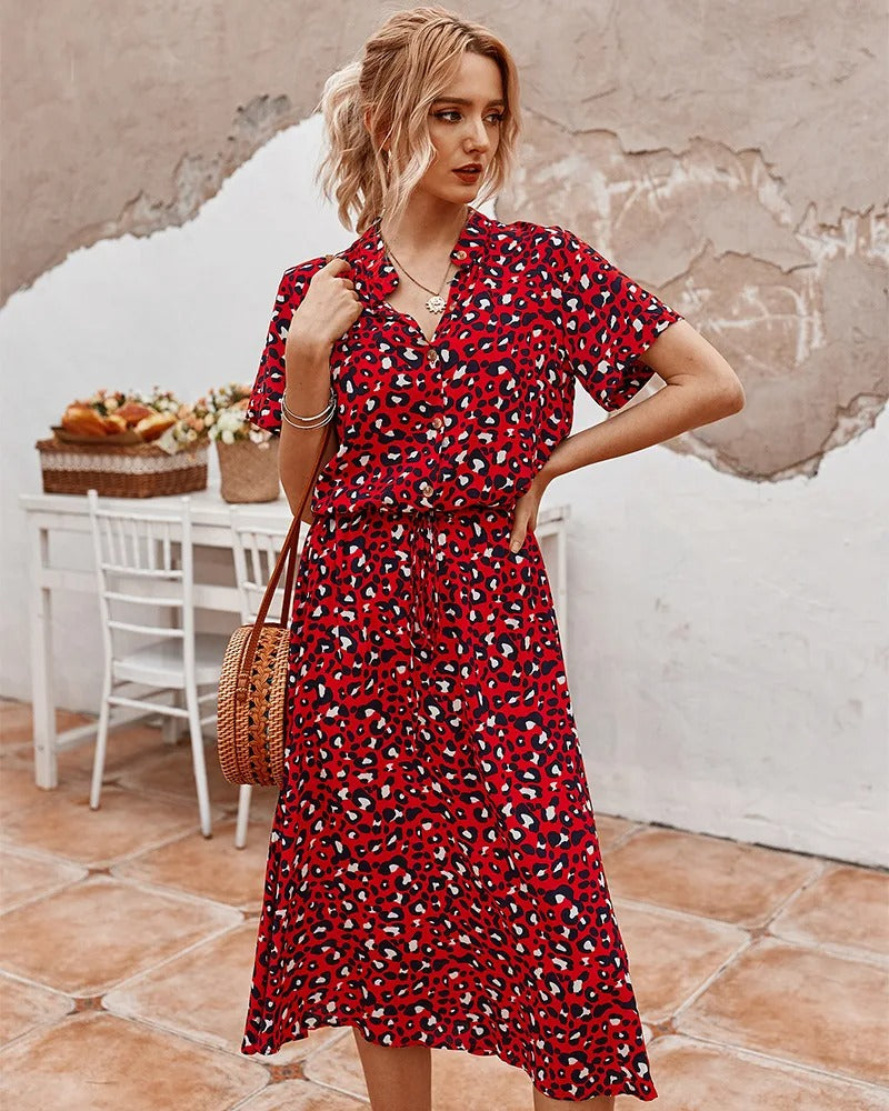 Women's Light Print Flowing Midi Dress full look - Casual Summer Wedding Guest Midi Dress