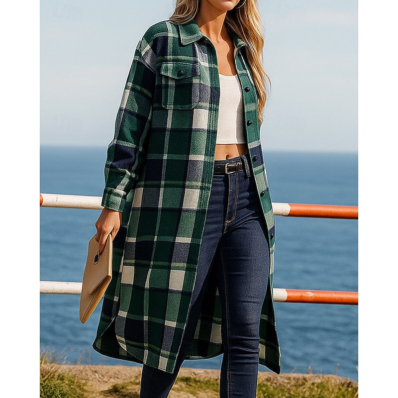 Green checked longline coat, front view, worn open