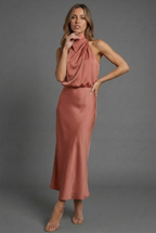 Women's formal halterneck midi dress – fluid satin fabric detail