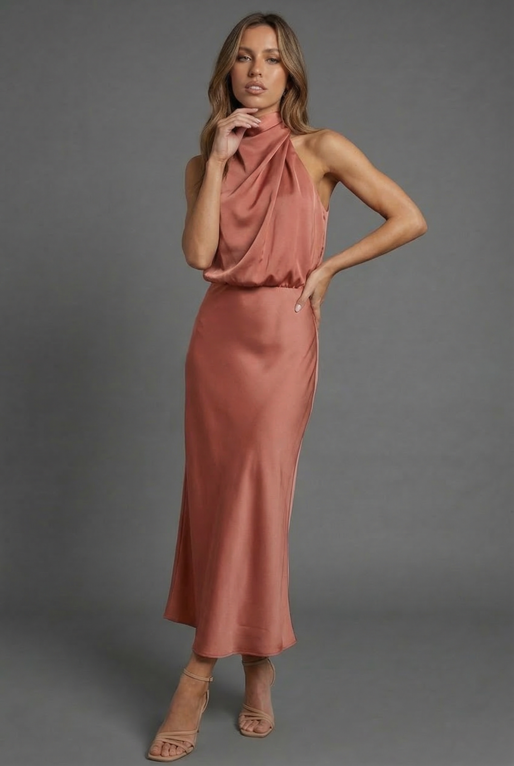 Women's formal halterneck midi dress – fluid satin fabric detail