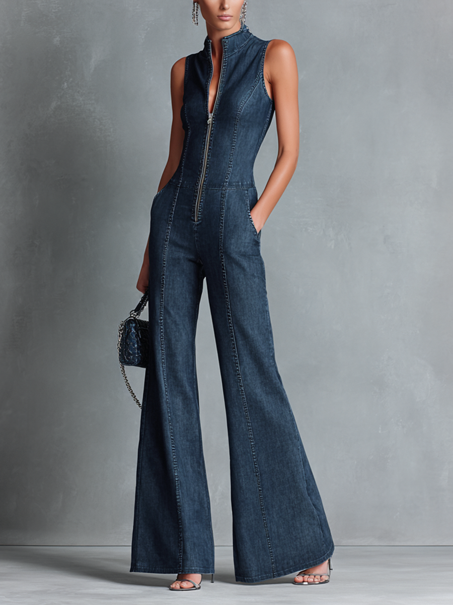 Blue retro flared sleeveless jumpsuit, front view