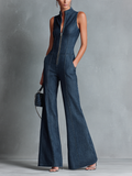 Blue retro flared sleeveless jumpsuit, front view