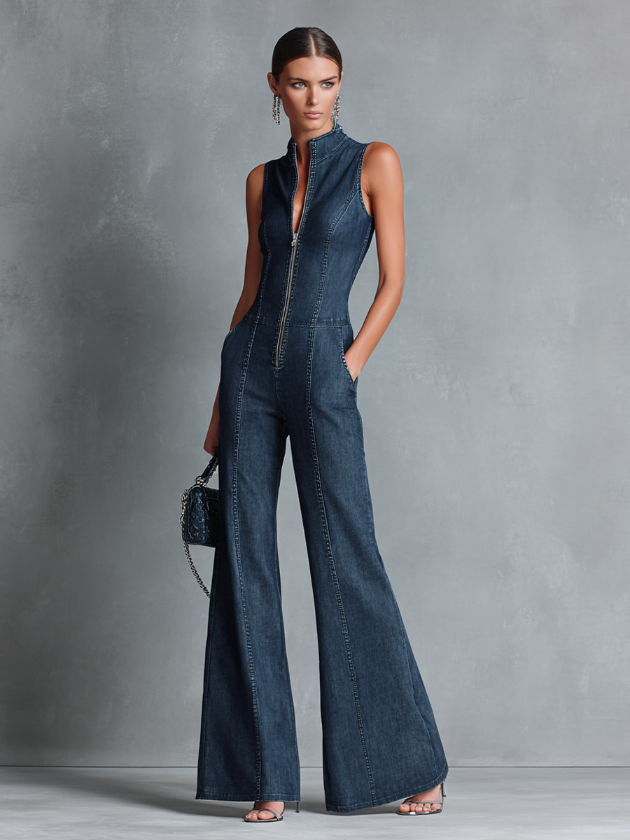 Retro Flared Leg Sleeveless Jumpsuit with High Neck