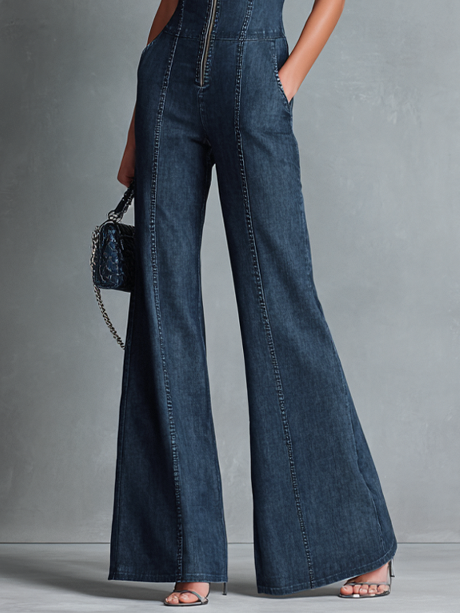 Retro Flared Leg Sleeveless Jumpsuit with High Neck
