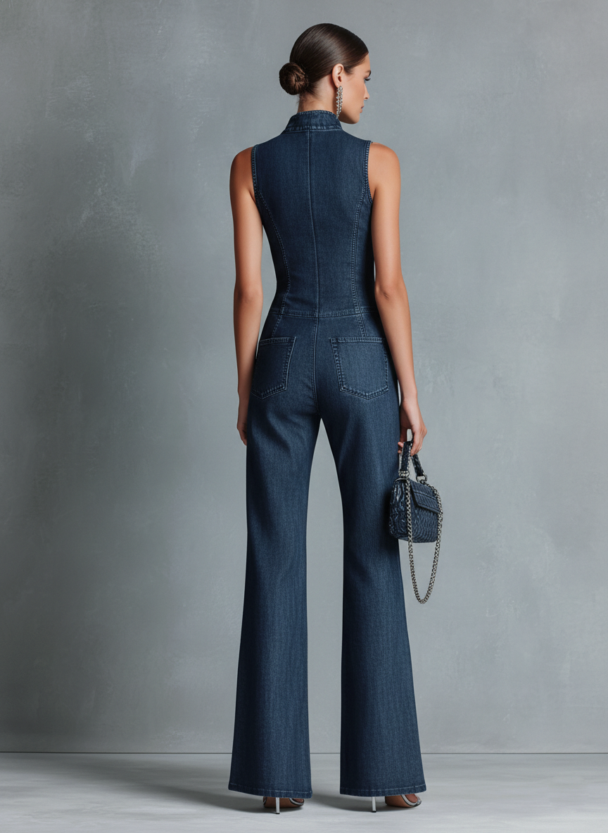Retro Flared Leg Sleeveless Jumpsuit with High Neck