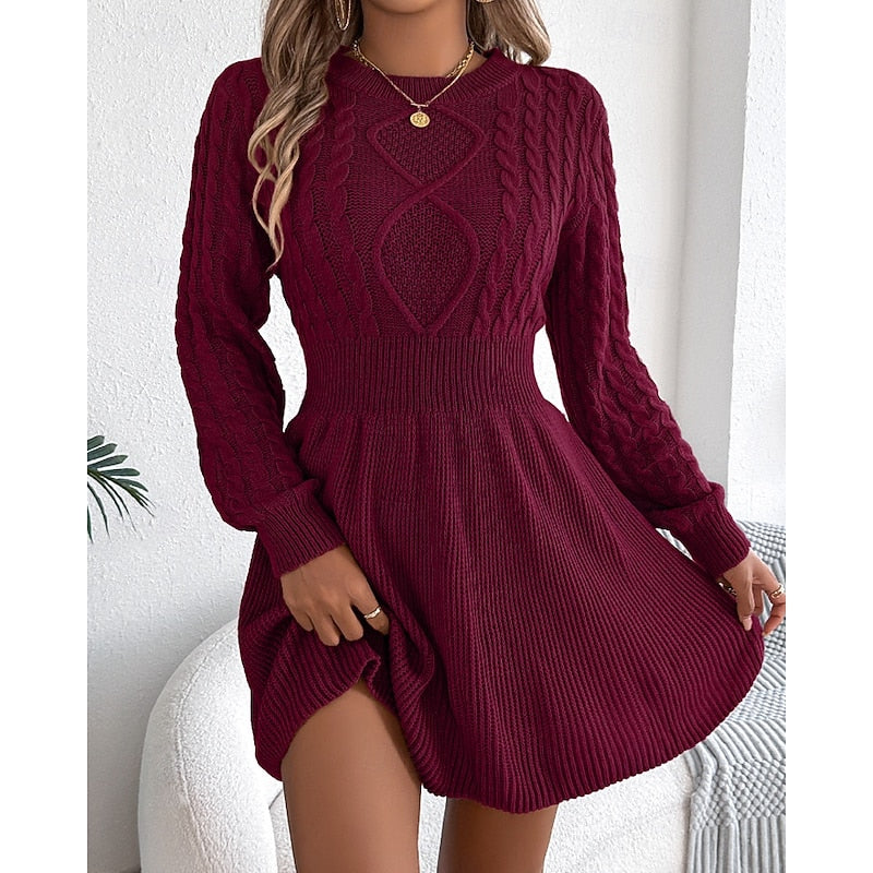 Grey Cable Knit Crew Neck Mini Dress