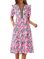 Women's floral puff sleeve tiered midi dress with contrasting trim V-neckline, front view